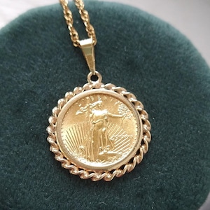 Vintage 1989 St Gaudens Liberty Gold Coin Pendant Necklace, 14k