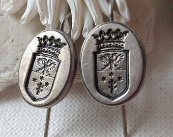 Vintage sterling silver coat of arms drop earrings, vintage sterling silver wax seal drop earrings, vintage family crest earrings