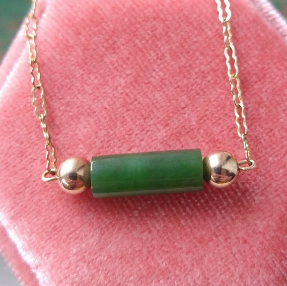 Vintage gold filled green jade bead necklace, vin… - image 3