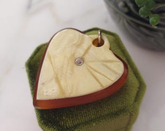 Vintage double sided celluloid heart pendant with rhinestone