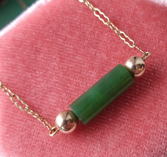 Vintage gold filled green jade bead necklace, vin… - image 1