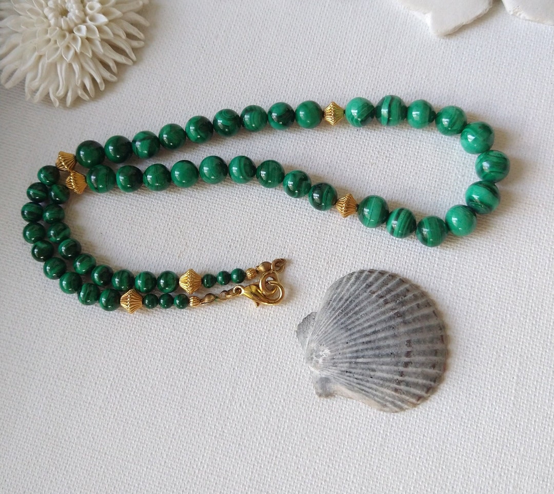 Vintage Malachite Bead Necklace Green Gemstone Necklace Etsy