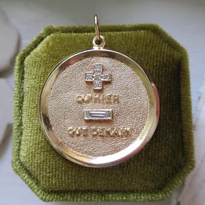 Vintage 14k gold natural diamond Qu&#39;hier que demain love medal, vintage 14k French style love medal, vintage 14k diamond pendant medallion