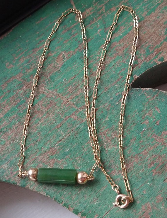 Vintage gold filled green jade bead necklace, vin… - image 6