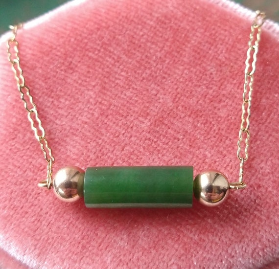 Vintage gold filled green jade bead necklace, vin… - image 5