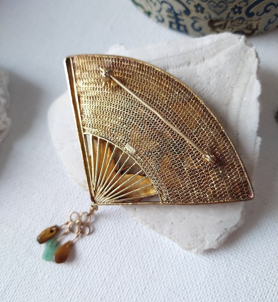 Antique Art Deco gilt silver enamel butterfly fan… - image 8