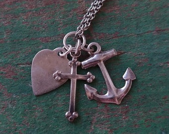 Antique sterling silver faith hope and charity charm necklace, layering necklace, sterling silver charm necklace, anchor charm, heart charm