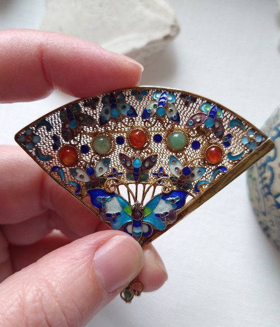 Antique Art Deco gilt silver enamel butterfly fan… - image 9