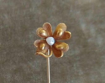 Antique 10k Gold Shamrock Stick Pin, Art Nouveau Pearl Clover