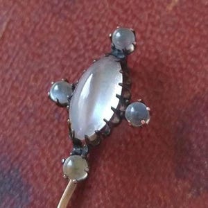 Antique Victorian 10k rose gold moonstone orb stickpin, antique Victorian 10k rose gold marquise moonstone stick pin, antique Victorian pin