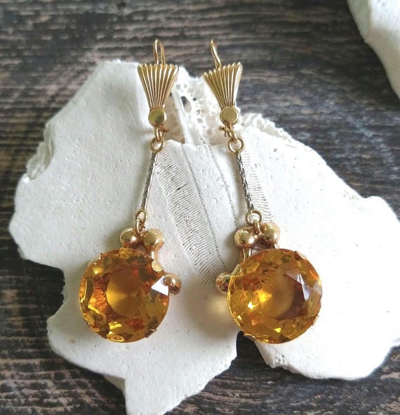 Vintage Art Deco 18k Gold Dangle Earrings, Citrine Paste, Statement Jewelry