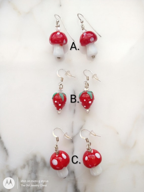 Vintage sterling silver lampwork glass mushroom earrings, sterling silver lampwork glass strawberry dangle earrings