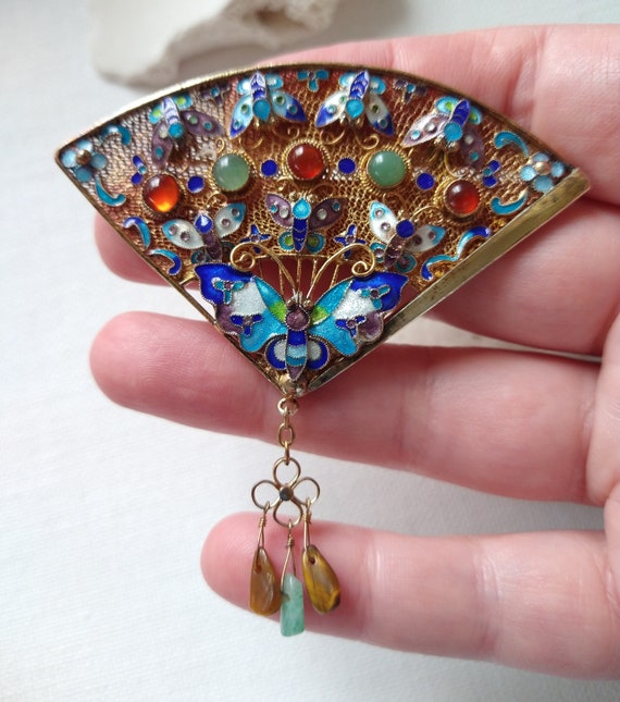 Antique Art Deco gilt silver enamel butterfly fan… - image 6