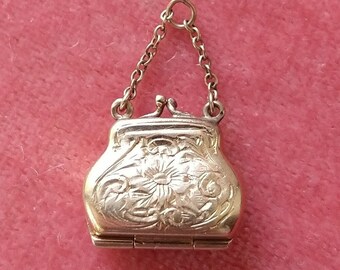 Antique 14k gold Sloan and Co change purse locket charm, antique art deco 14k gold coin purse charm locket, rare charm, 14k engraved locket