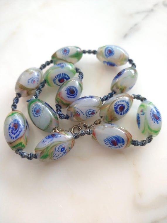 Antique Venetian glass beaded necklace, opaline Venetian glass bead necklace