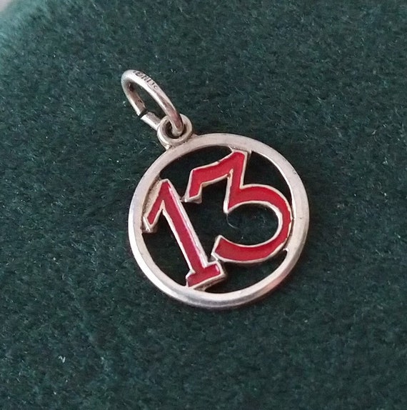 Vintage sterling silver red enamel lucky 13 charm,