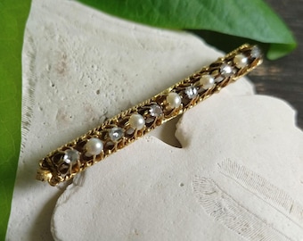 Antique Victorian 9ct Gold Brooch, Rose Cut Diamond and Pearl Bar Pin