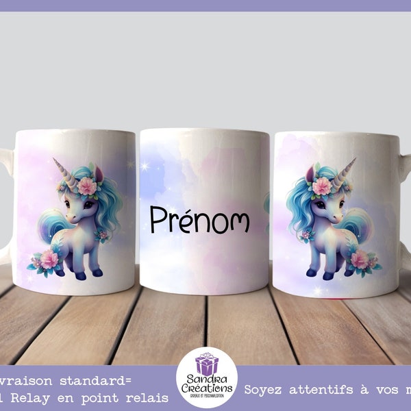 Mug personnalisé enfant licorne, cadeau personnalisé avec un prénom