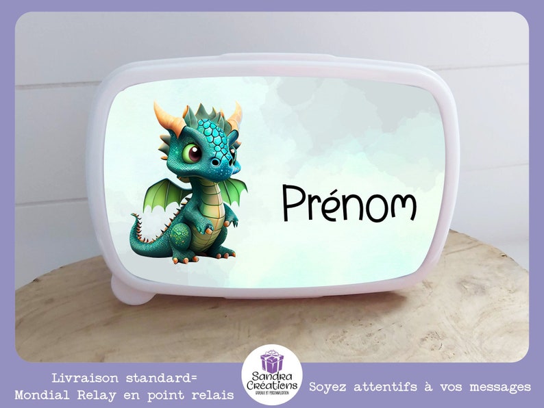 Boite repas enfant personnalisée dragon, Boite à gouter avec un prénom image 1