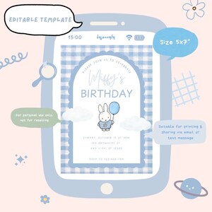 May include: A blue and white gingham patterned birthday invitation for a child's birthday party. The invitation features a cartoon bunny holding a blue balloon and the text "Miffy's Birthday". The invitation is designed to be printed and shared via email or text message.
