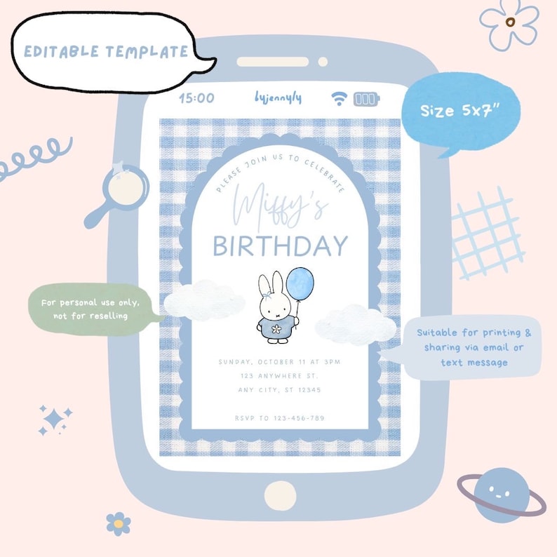 May include: A blue and white gingham patterned birthday invitation for a child's birthday party. The invitation features a cartoon bunny holding a blue balloon and the text "Miffy's Birthday". The invitation is designed to be printed and shared via email or text message.