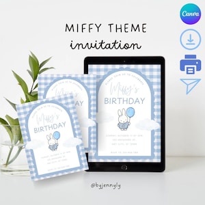 Miffy theme birthday invitation | Cute bunny invitation | Editable birthday invitation | Canva templates