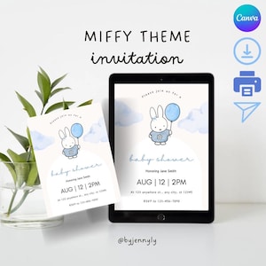 Miffy theme baby shower invitation | Cute bunny invitation | Editable baby shower invitation | Canva templates