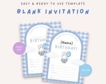 Blank Miffy Theme Invitation | Miffy Birthday Invitation | Fillable Invitation | Printable Invitation Miffy Invitation
