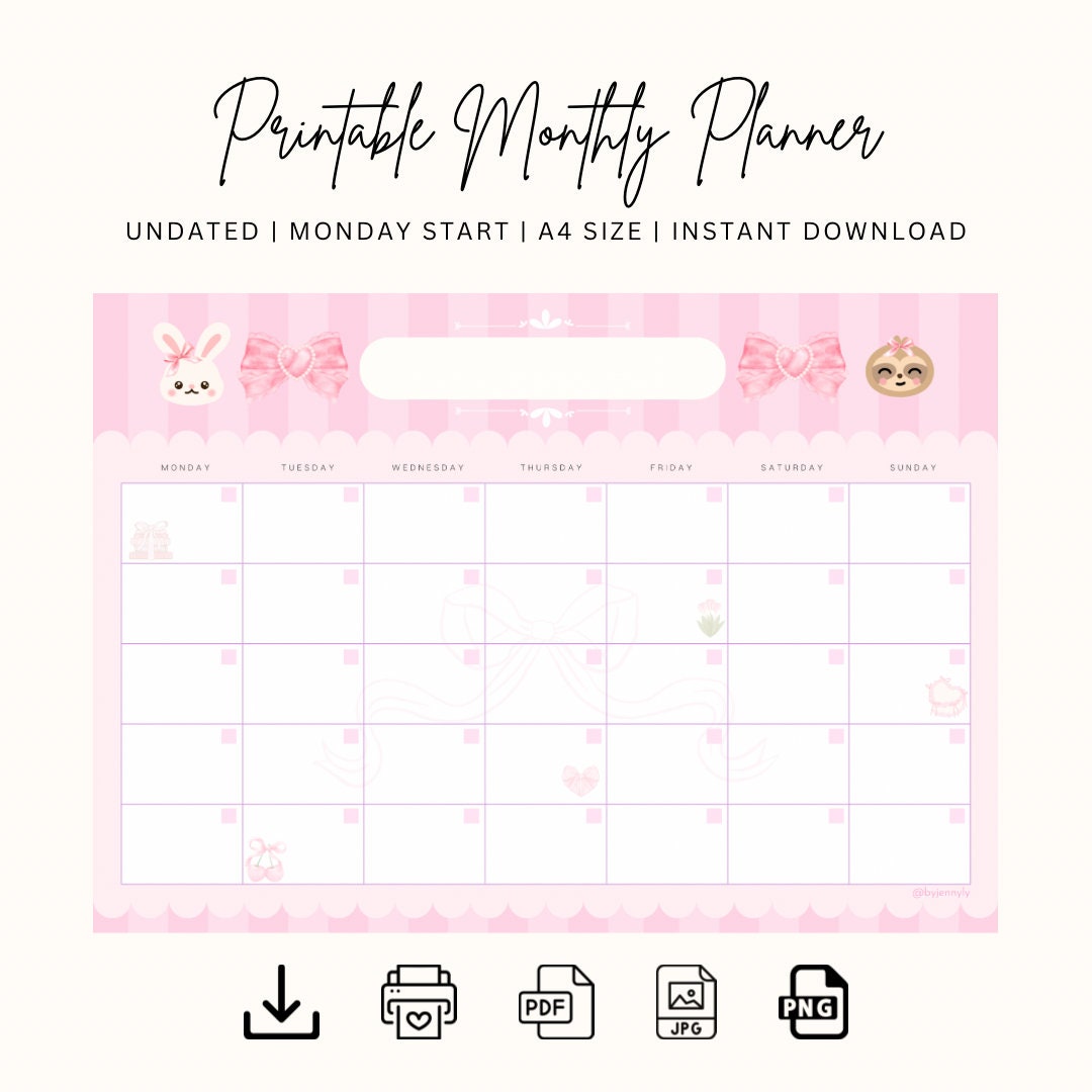 Printable Undated Monthly Calendar Digital Monthly Calendar Pink Calendar Coquette Calendar - Etsy printable-undated-monthly-calendar-digital-monthly-calendar-pink-calendar-coquette-calendar-etsy