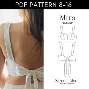 May include: A digital sewing pattern for a crop top called "Mara Blouse" by Sienna Alves PDF Patterns. The pattern is for sizes 8-16 and includes a line drawing of the top with a bow tie in the back.