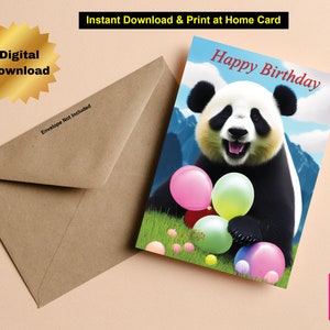 Printable Birthday Card 7x5 inch Panda Birthday Card Downloadable Panda Birthday Card Instant Download Digital Birthday Card