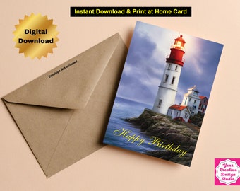 Printable Birthday Card 7x5 inch Lighthouse Birthday Card Downloadable Lighthouse Birthday Card Instant Download Digital Birthday Card