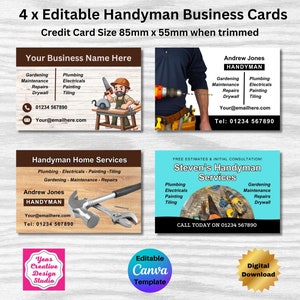 4 x Handyman-Visitenkarten bearbeitbarer Canva Template Design Handyman-Visitenkarte einschließlich einer kostenlosen 9up-A4-Vorlage