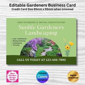 Gardening Services Business Card  Editable Canva Template Designs Gardeners Business Card including a free 9up A4 template