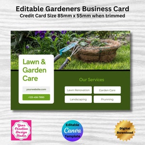 Gardening Services Business Card  Editable Canva Template Designs Gardeners Business Card including a free 9up A4 template