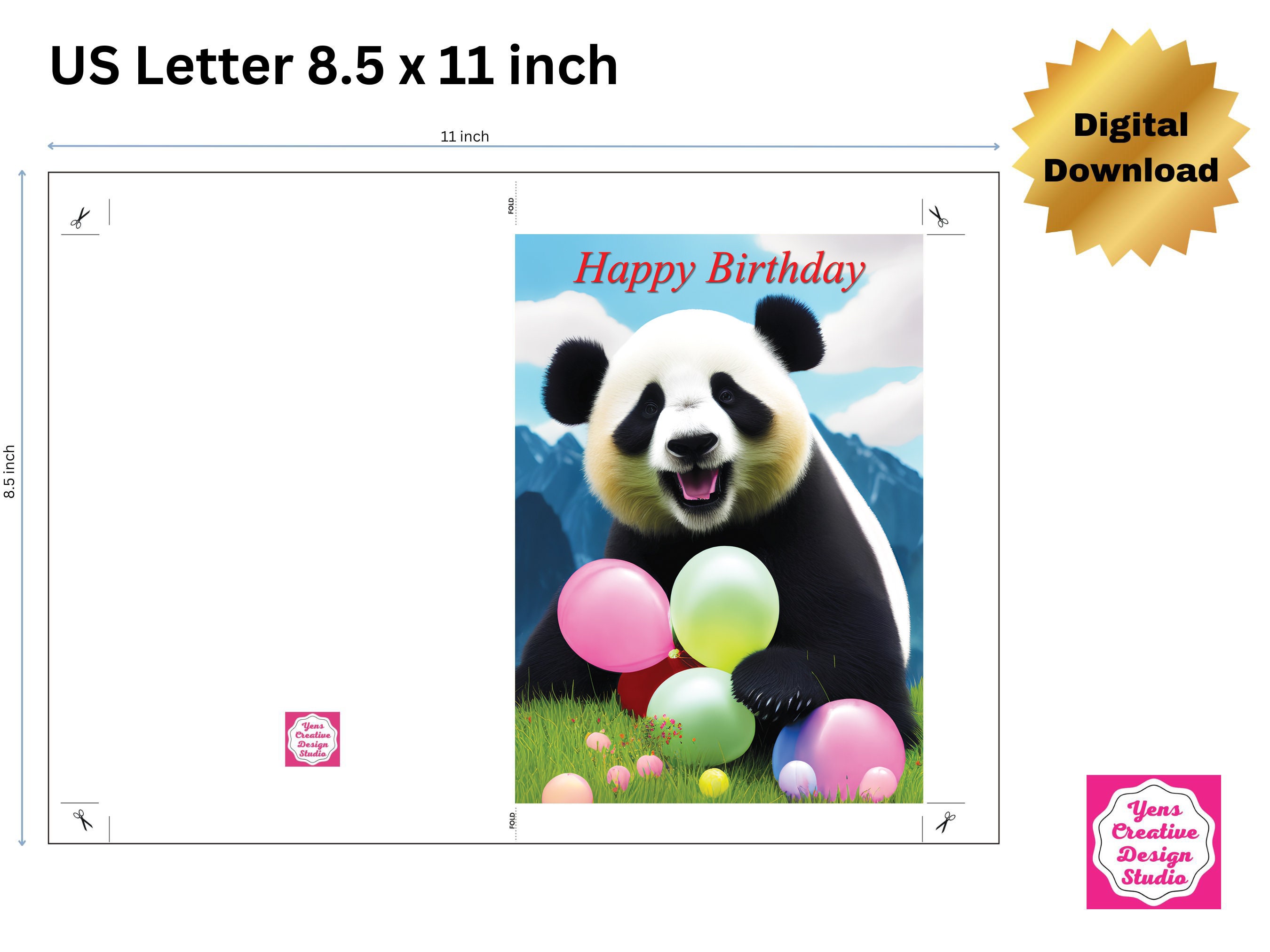 Printable Birthday Card 7x5 Inch Panda Birthday Card Downloadable Panda ...