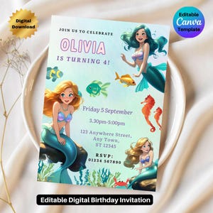 Modèle modifiable d'invitation d'anniversaire de petite sirène d'Ariel La petite sirène inviter l'invitation numérique de princesse Ariel