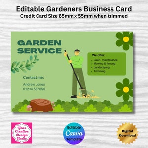 Gardening Services Business Card  Editable Canva Template Designs Gardeners Business Card including a free 9up A4 template