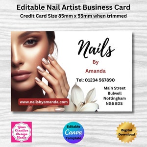 Nail Art Visitenkarte bearbeitbare Canva Template Design Nagel-Visitenkarte mit einer kostenlosen 9up-A4-Vorlage