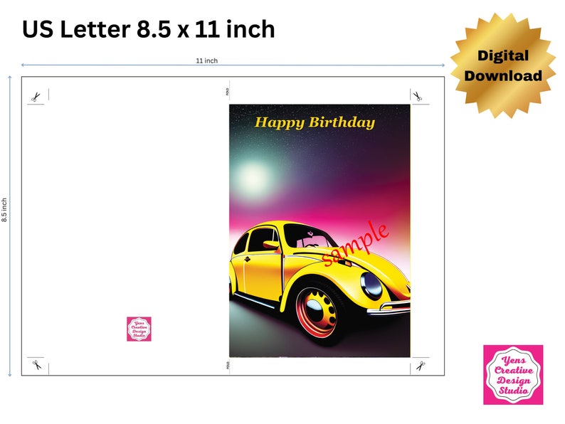 Printable Birthday Card 7x5 Inch Volkswagen Beetle Birthday Card ...