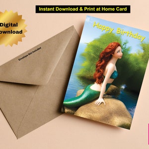 Printable Birthday Card 7x5 inch Mermaid Birthday Card Downloadable Mermaid Birthday Card Instant Download Digital Birthday Card