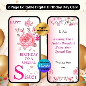 Animated Sister Birthday E-Card Template Editable Sister Birthday Video Card Editable Canva Birthday Greeting Card
