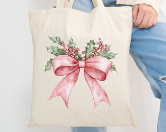 Pink Christmas Bow Tote Bag, Holiday Family Gift