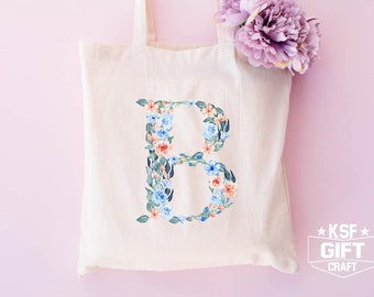 Floral Letter Tote Bag, Bridesmaid Tote, Birthday Tote, Personalized Tote Bag, Gift For Her, Bride Tote Bag, Bachelorette Tote, Mom Gift