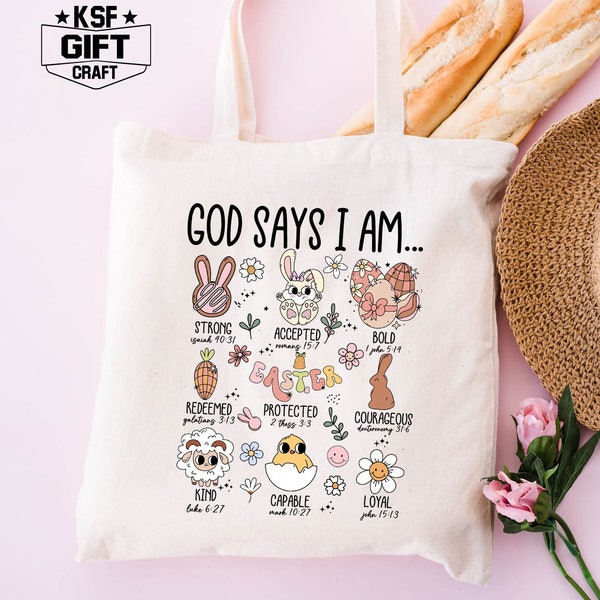 God Says I'am Tote Bag, Cute Christian Tote Bag, Strong Tote Bag, Easter Bunny Totes, Religious Gift For Her, Bible Verse Totes, Church Gift