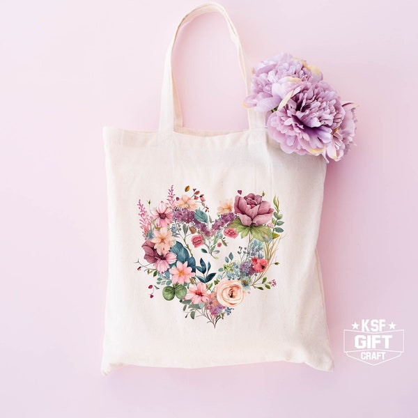 Floral Hearts Tote Bag, Wildflower Totes, Canvas Tote Bag, Shopping Bag, Women Totes, Birthday Gift Bag, Bridal Gift Tote Bag, Library Bag