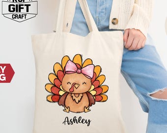 Personalized Girl's Turkey Thanksgiving Tote Bag: Heavy Cotton Canvas