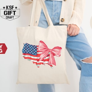 Coquette America Silhouette Tote Bag, Coquette 4th of July Tote Bag, Independence Day Gifts, Patriotic Coquette Totes, America Flag Bow Bag