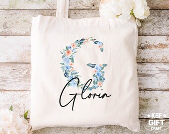 Floral Letter Bridesmaid Tote Bag, Personalized Bridal Party Gift