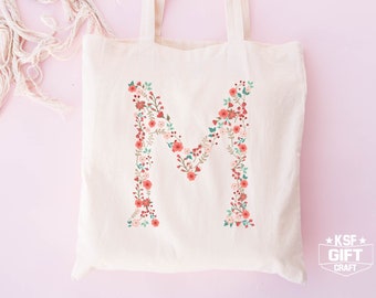 Floral Letter Tote Bag, Bridesmaid Tote, Birthday Tote, Personalized Tote Bag, Gift For Her, Bride Tote Bag, Bachelorette Tote, Mom Gift